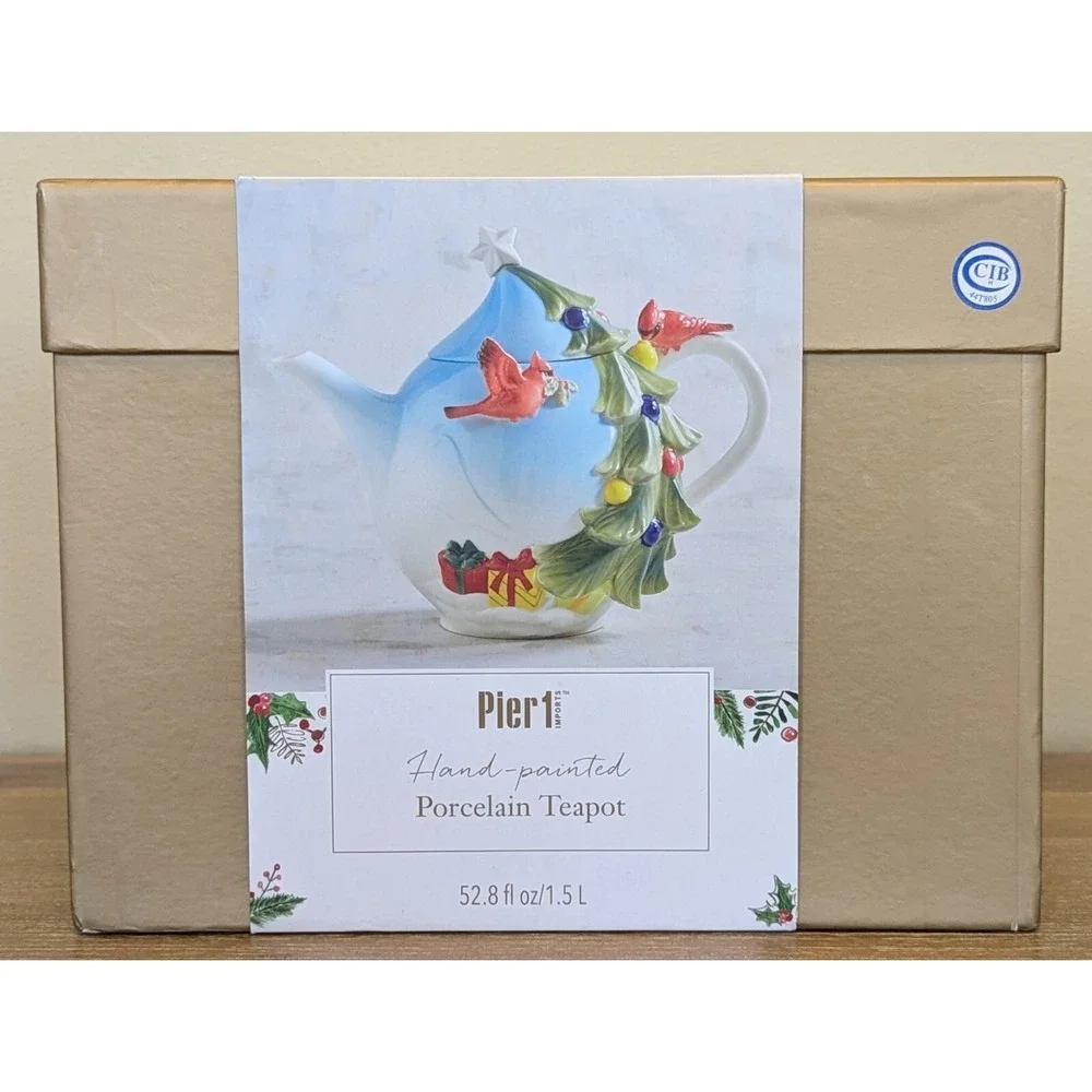 Pier 1 Imports Christmas Tree Teapot Porcelain Cardinal Hand Painted w/Box